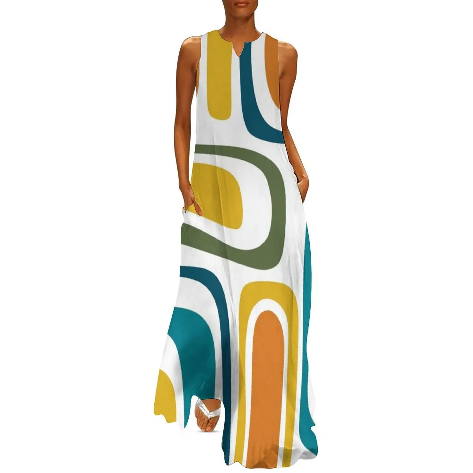 Palm Springs Retro Midcentury Modern Abstract Pattern in Moroccan Teal, Mustard, Orange, Olive and White Long Dress
Palm Springs Retro Midcentury Modern Abstract Pattern in Moroccan Teal, Mustard, Orange, Olive and White Long Dress