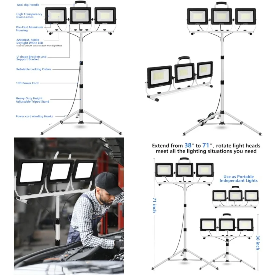 UFOND 22000 Lumen LED Work Light with Stand, 3 Head Portable Work Lights with Individual Switch, Waterproof Work Lamp, Adjustab
UFOND 22000 Lumen LED Work Light with Stand, 3 Head Portable Work Lights with Individual Switch, Waterproof Work Lamp, Adjustab