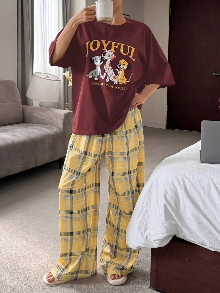 Womens Joyful Cartoon Print T-Shirt And Yellow Plaid Loose Pajama Pants Set
Womens Joyful Cartoon Print T-Shirt And Yellow Plaid Loose Pajama Pants Set