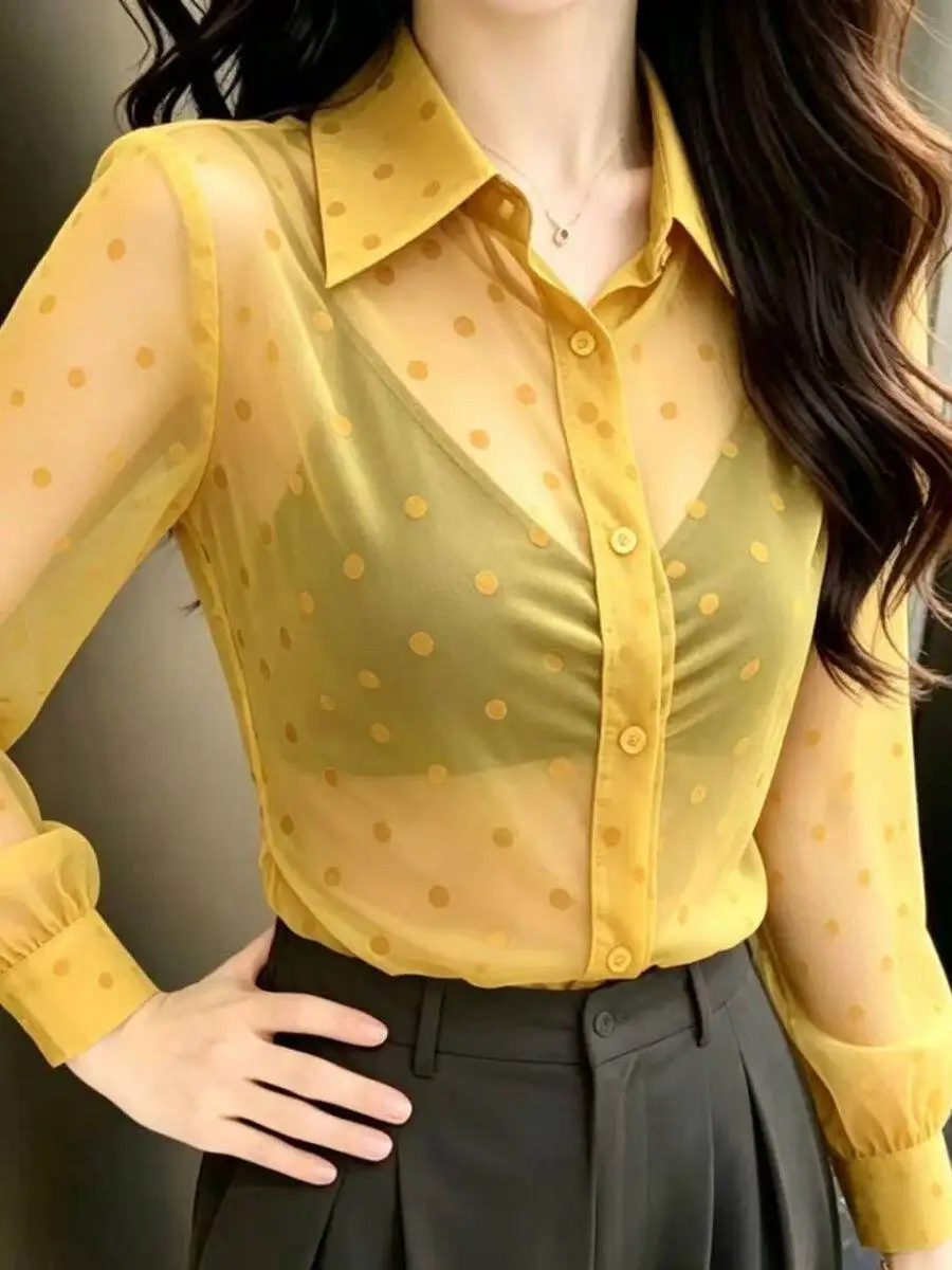 Yellow Polka Dot Long Sleeve Shirt Fashionable New Style Beautiful Mesh Shirt Stylish Top Quality Women's Collar Button up
Yellow Polka Dot Long Sleeve Shirt Fashionable New Style Beautiful Mesh Shirt Stylish Top Quality Women's Collar Button up