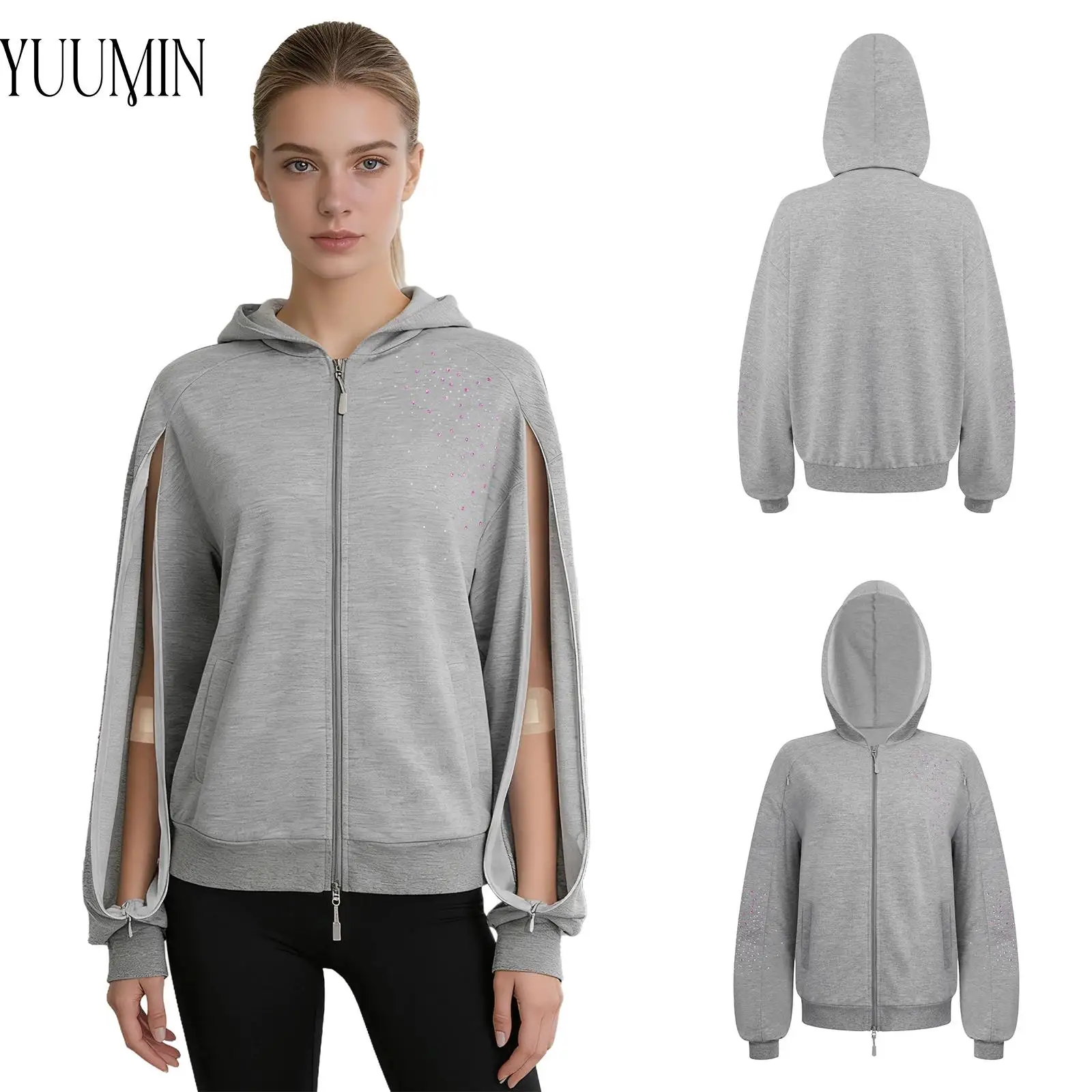 Women Dialysis Hooded Sweatshirt Arm Zipper Long Sleeves Full-Zip Shiny Rhinestones Jacket with Pockets
Women Dialysis Hooded Sweatshirt Arm Zipper Long Sleeves Full-Zip Shiny Rhinestones Jacket with Pockets