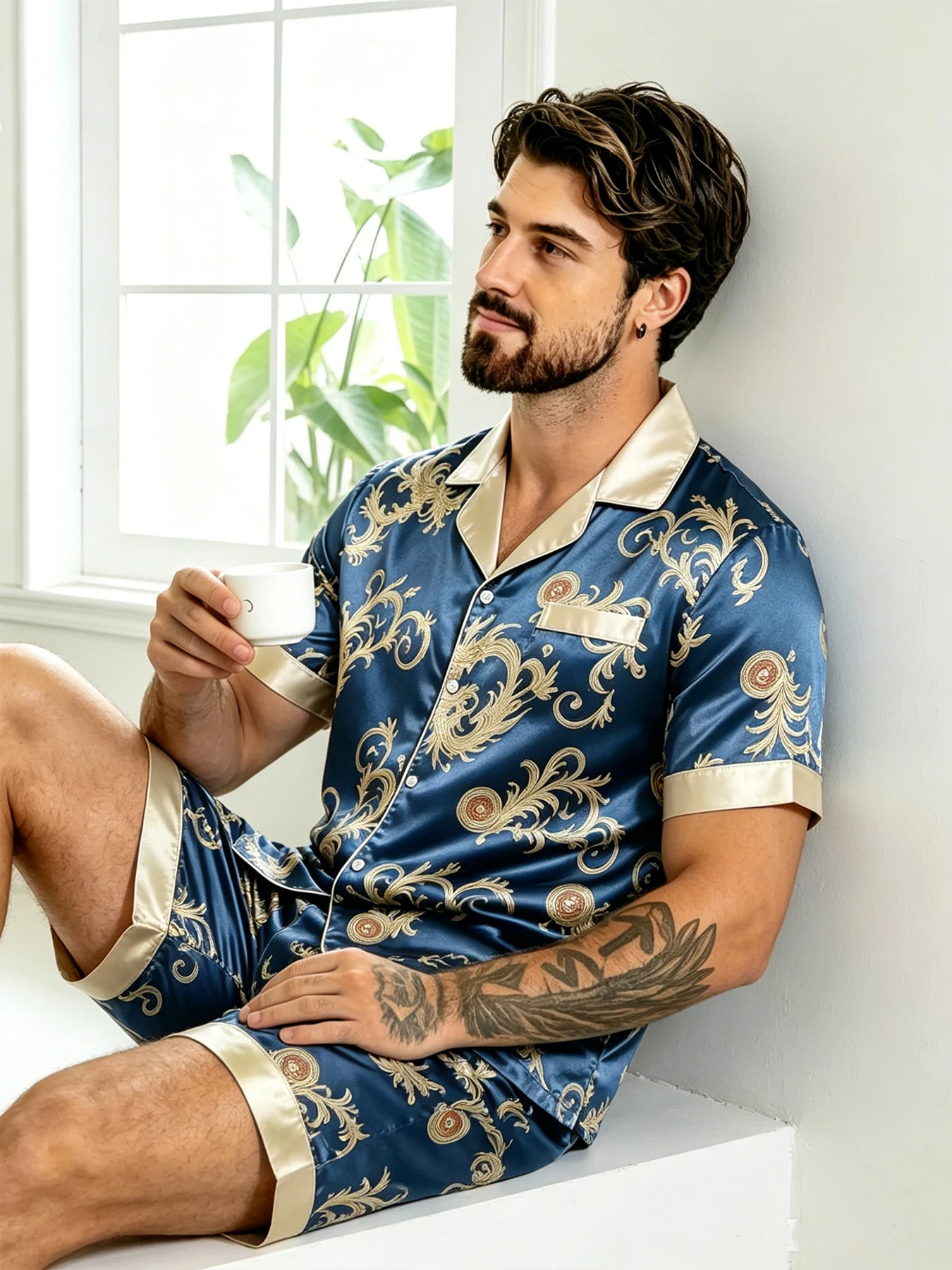 Men's Satin Pajama Set Button Up Short Sleeve Top & Shorts, Vintage Dragon Print Sleepwear for Summer Loungewear & Homewear
Men's Satin Pajama Set Button Up Short Sleeve Top & Shorts, Vintage Dragon Print Sleepwear for Summer Loungewear & Homewear