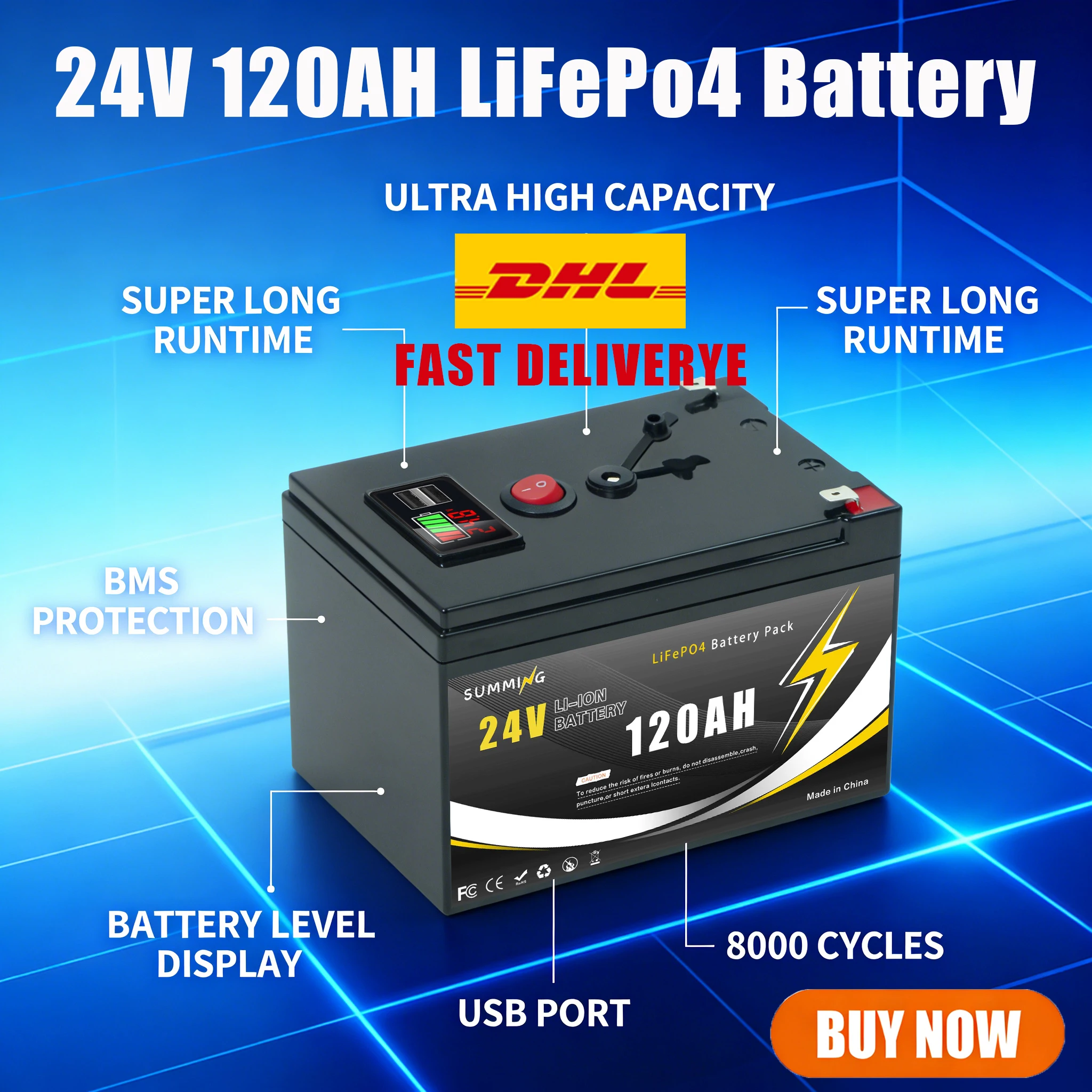 Advanced Solar BatteryLithium Battery 24V 120Ah LiFePO4 Batterywith Smart BMS for RVs, Solar Power, and Marine Applications
Advanced Solar BatteryLithium Battery 24V 120Ah LiFePO4 Batterywith Smart BMS for RVs, Solar Power, and Marine Applications