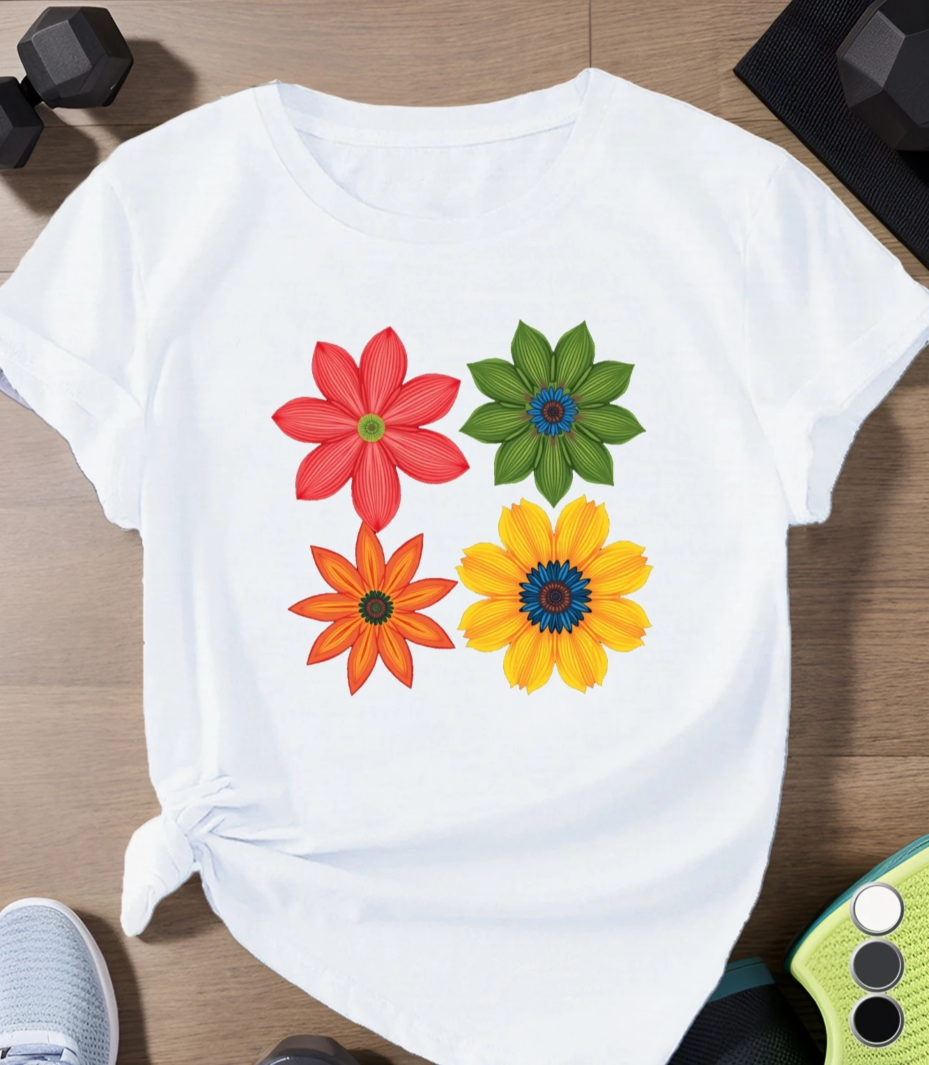 Four Colorful Flowers Creatively Printed Summer New Women's Top Short Sleeved Round Neck Casual Women's Summer Clothing
Four Colorful Flowers Creatively Printed Summer New Women's Top Short Sleeved Round Neck Casual Women's Summer Clothing
