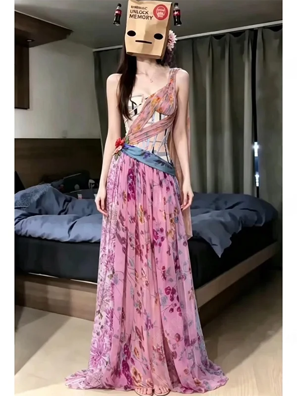 Thai Style Irregular Shoulder Strap Dress Women Summer New Beach Vacation Photo Long Skirt High Waist Floral Print Sleeveless
Thai Style Irregular Shoulder Strap Dress Women Summer New Beach Vacation Photo Long Skirt High Waist Floral Print Sleeveless