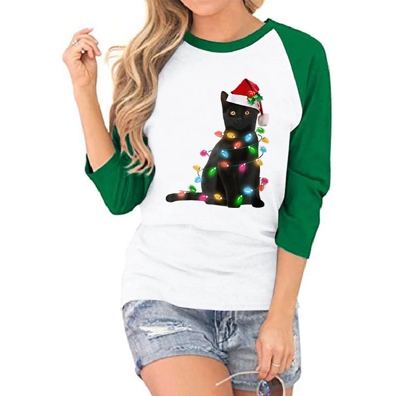 Women Fashion Christmas Black Cat Christmas Light Print Seven Sleeves Shirt Summer Casual Round Neck Creative Christmas T-shirts
Women Fashion Christmas Black Cat Christmas Light Print Seven Sleeves Shirt Summer Casual Round Neck Creative Christmas T-shirts