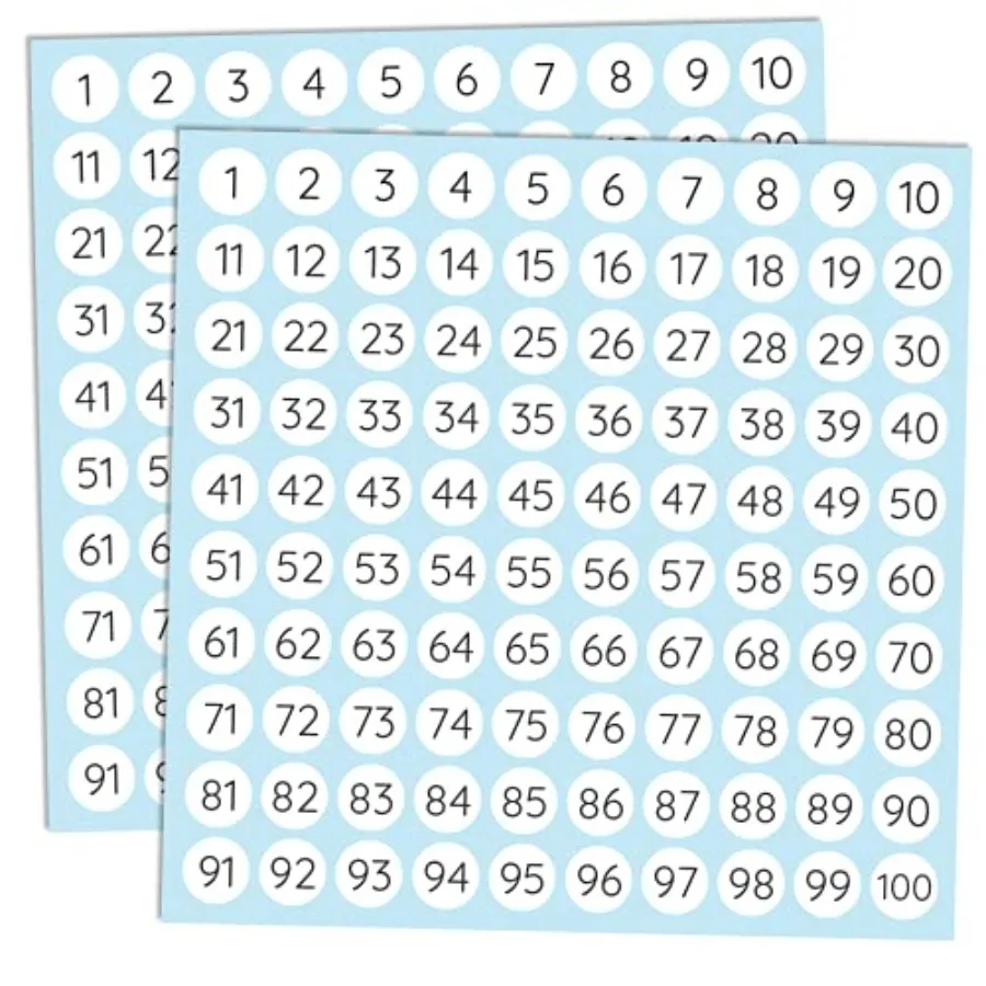 25 Sheets, 1 to 100, Number Stickers Labels - 0.4" Round, Pack of 2500
25 Sheets, 1 to 100, Number Stickers Labels - 0.4" Round, Pack of 2500