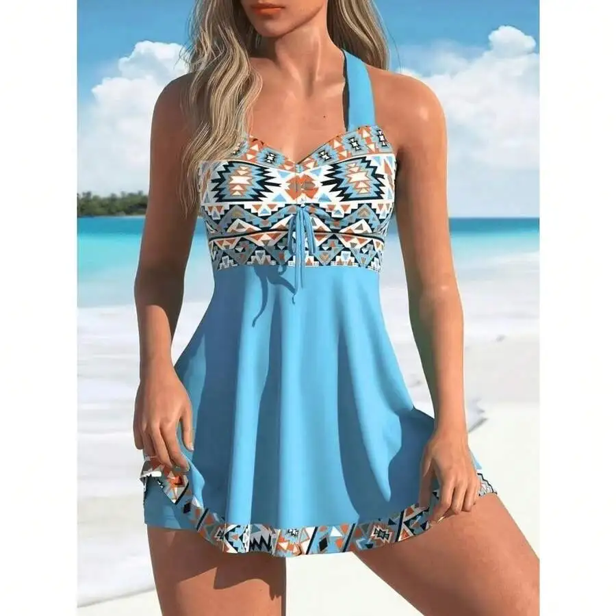 Blue Women’s Halter Neck Tankini With Geometric Print And Drawstring Waist
Blue Women’s Halter Neck Tankini With Geometric Print And Drawstring Waist