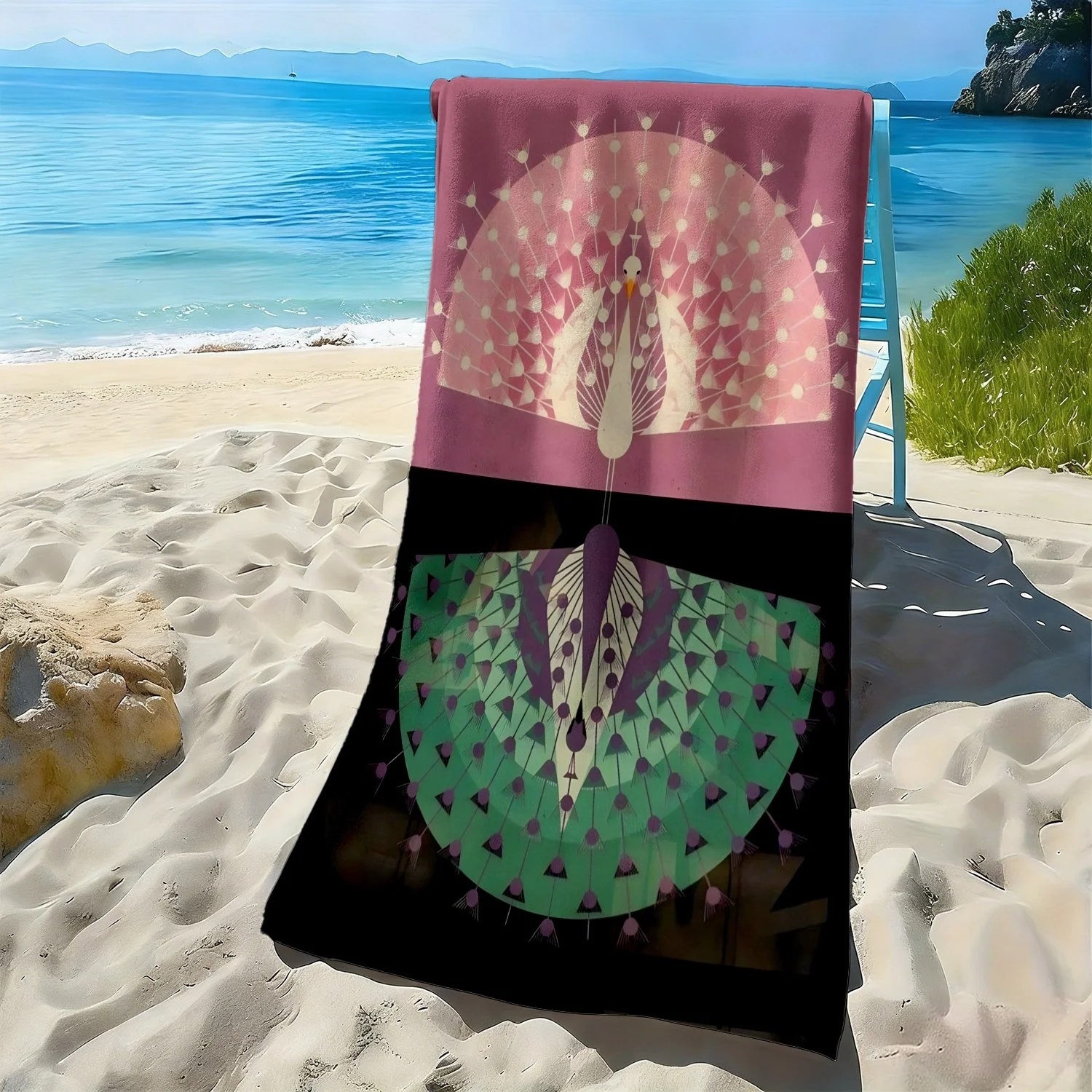 Pink and green peacock pattern polyester microfiber beach towel is highly absorbent, suitable for swimming and beach outings
Pink and green peacock pattern polyester microfiber beach towel is highly absorbent, suitable for swimming and beach outings