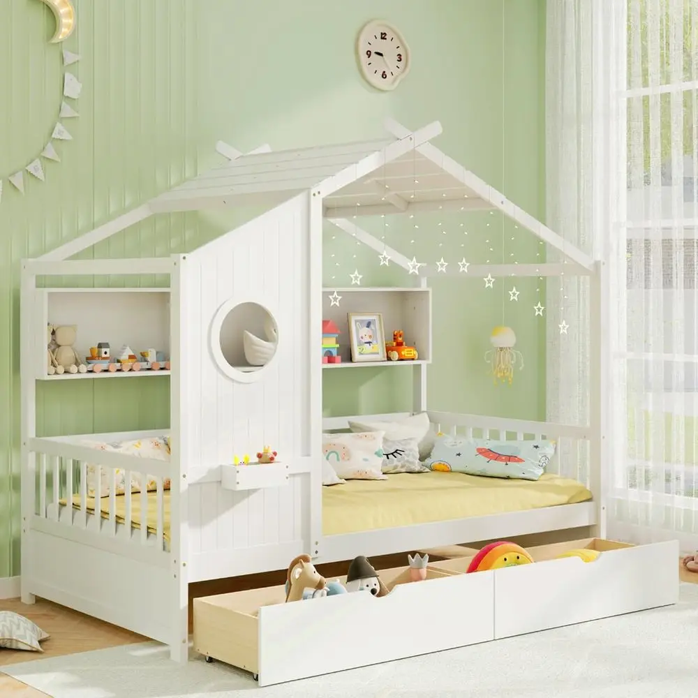 Twin Size Wooden House Bed with 2 Drawers, Cube Storage & Headboard, No Box Spring Needed (White)
Twin Size Wooden House Bed with 2 Drawers, Cube Storage & Headboard, No Box Spring Needed (White)