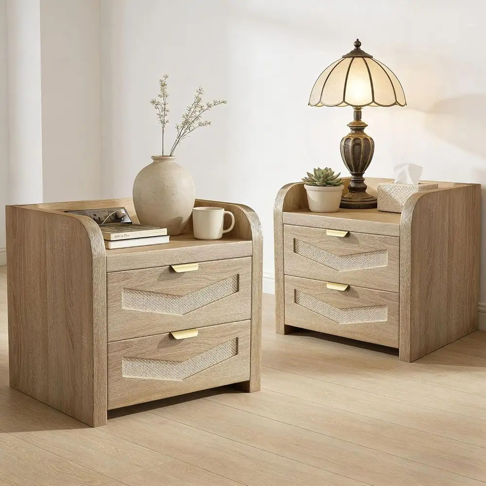 2-Piece Rattan Nightstand Set with Charging Station, Oak-Colored, Space-Saving for Bedroom or Living Room
2-Piece Rattan Nightstand Set with Charging Station, Oak-Colored, Space-Saving for Bedroom or Living Room