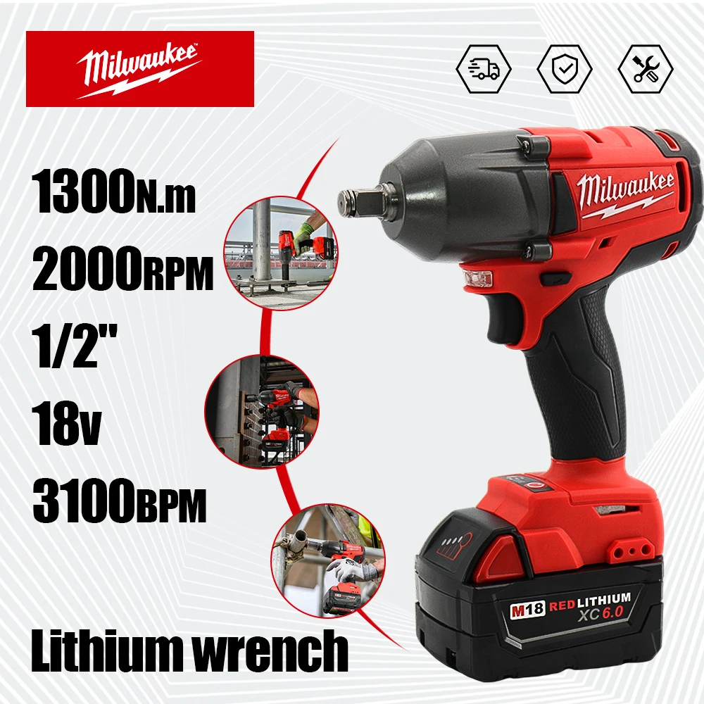 Milwaukee M18 High Torque 1300N.m 2000RPM Brushless Cordless 1/2" Impact Wrench with XC6.0 Battery - 1300 Newton Meters Power
Milwaukee M18 High Torque 1300N.m 2000RPM Brushless Cordless 1/2" Impact Wrench with XC6.0 Battery - 1300 Newton Meters Power