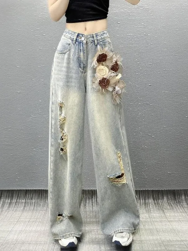 High Waist Wide Leg Denim Jeans Women's Summer New Design Sensation Waed out Floral Decorations Floor-Length Slimming Pants
High Waist Wide Leg Denim Jeans Women's Summer New Design Sensation Waed out Floral Decorations Floor-Length Slimming Pants