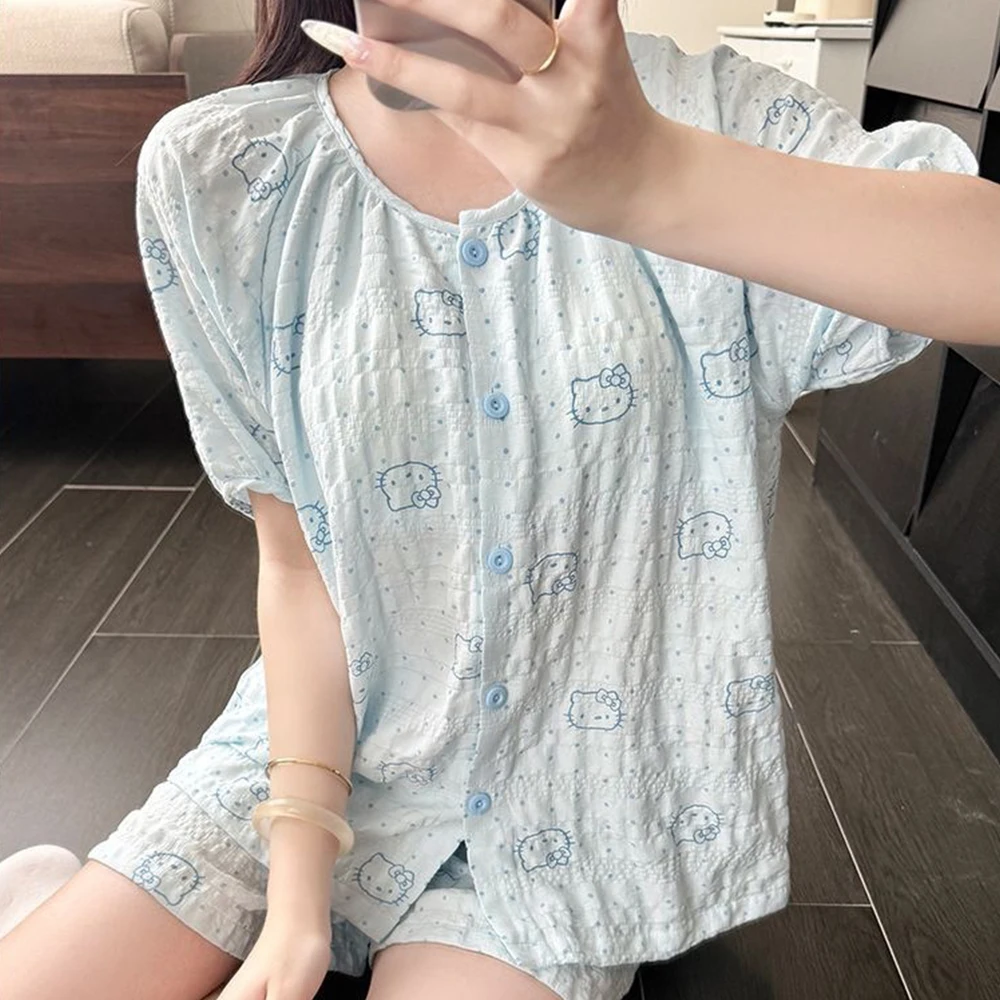 2Pcs Cute Sanrio Hello Kitty Girls Pajamas Women Blue Cotton Poplin Casual Sweet Tops Shorts Homewear Summer with Breast Pad
2Pcs Cute Sanrio Hello Kitty Girls Pajamas Women Blue Cotton Poplin Casual Sweet Tops Shorts Homewear Summer with Breast Pad