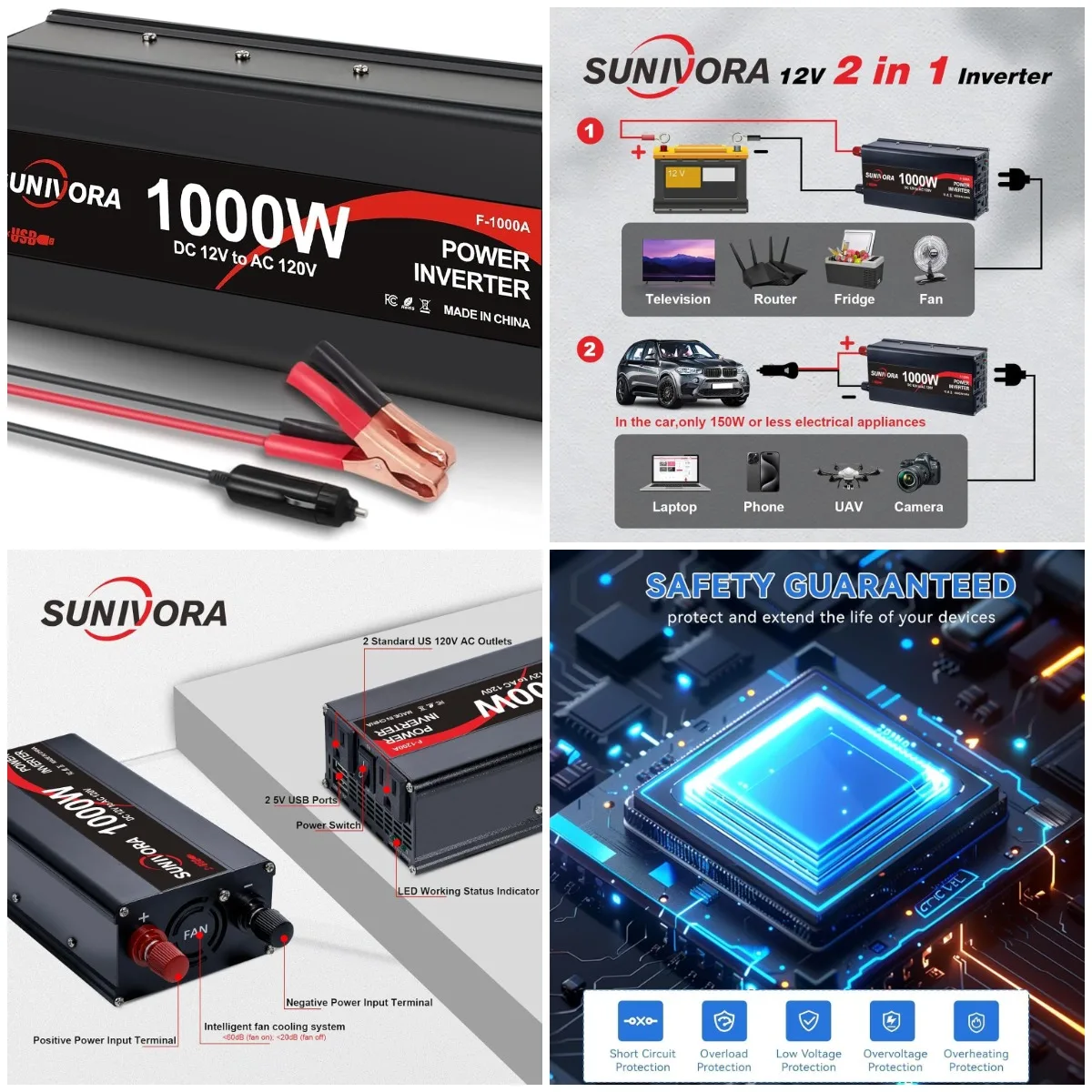 Инвертор 1000 Вт от 12 В до 110 В/120 В переменного тока, 60 Гц, пиковая мощность 2000 Вт, автомобильный инвертор с 2 розетками переменного тока и двумя портами USB
Инвертор 1000 Вт от 12 В до 110 В/120 В переменного тока, 60 Гц, пиковая мощность 2000 Вт, автомобильный инвертор с 2 розетками переменного тока и двумя портами USB