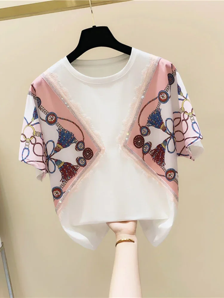 Loose T Shirt Short Sleeve Cotton Tops 4XL luxury hot drill Women's T-shirt Print O-neck Tees Fashion Europe station
Loose T Shirt Short Sleeve Cotton Tops 4XL luxury hot drill Women's T-shirt Print O-neck Tees Fashion Europe station