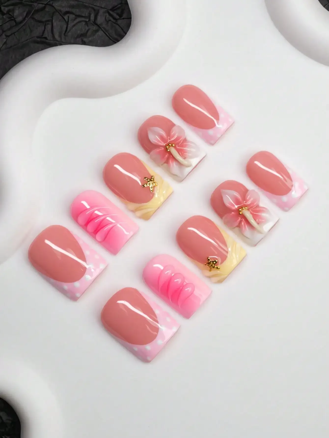 10pcs Square Shaped Handmade Nail Tips, Y2K Baddie Style, Nude, Pink, Yellow, White Nail Plates With French Edge, Polka Dot, Sta
10pcs Square Shaped Handmade Nail Tips, Y2K Baddie Style, Nude, Pink, Yellow, White Nail Plates With French Edge, Polka Dot, Sta