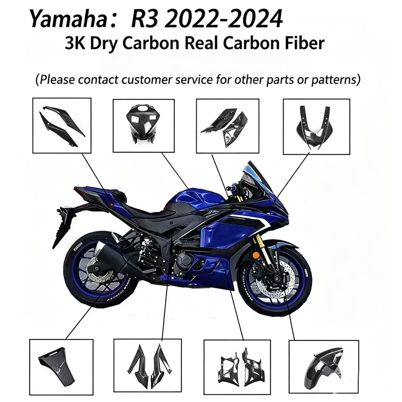 Suitable for YAMAHA R3 (2022-2024) motorcycle, for modifying a carbon fiber 3K dry carbon fairing engine cover
Suitable for YAMAHA R3 (2022-2024) motorcycle, for modifying a carbon fiber 3K dry carbon fairing engine cover