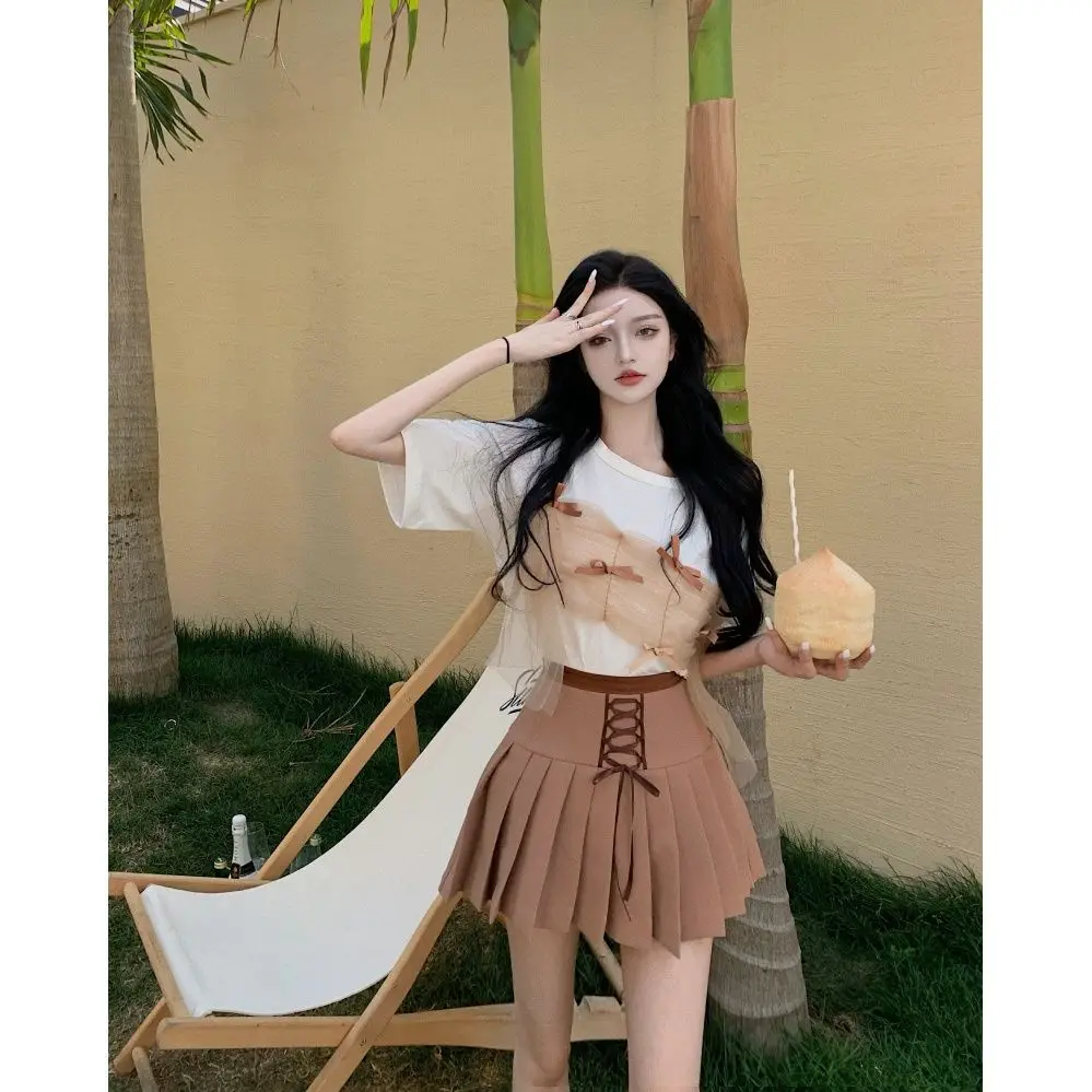 Women Suits 2022 New Fashion Korean Lady Summer Lace Bow Pullover O-Neck T-shirt MINI Dress Short Elastic Waist 2 Piece Set
Women Suits 2022 New Fashion Korean Lady Summer Lace Bow Pullover O-Neck T-shirt MINI Dress Short Elastic Waist 2 Piece Set