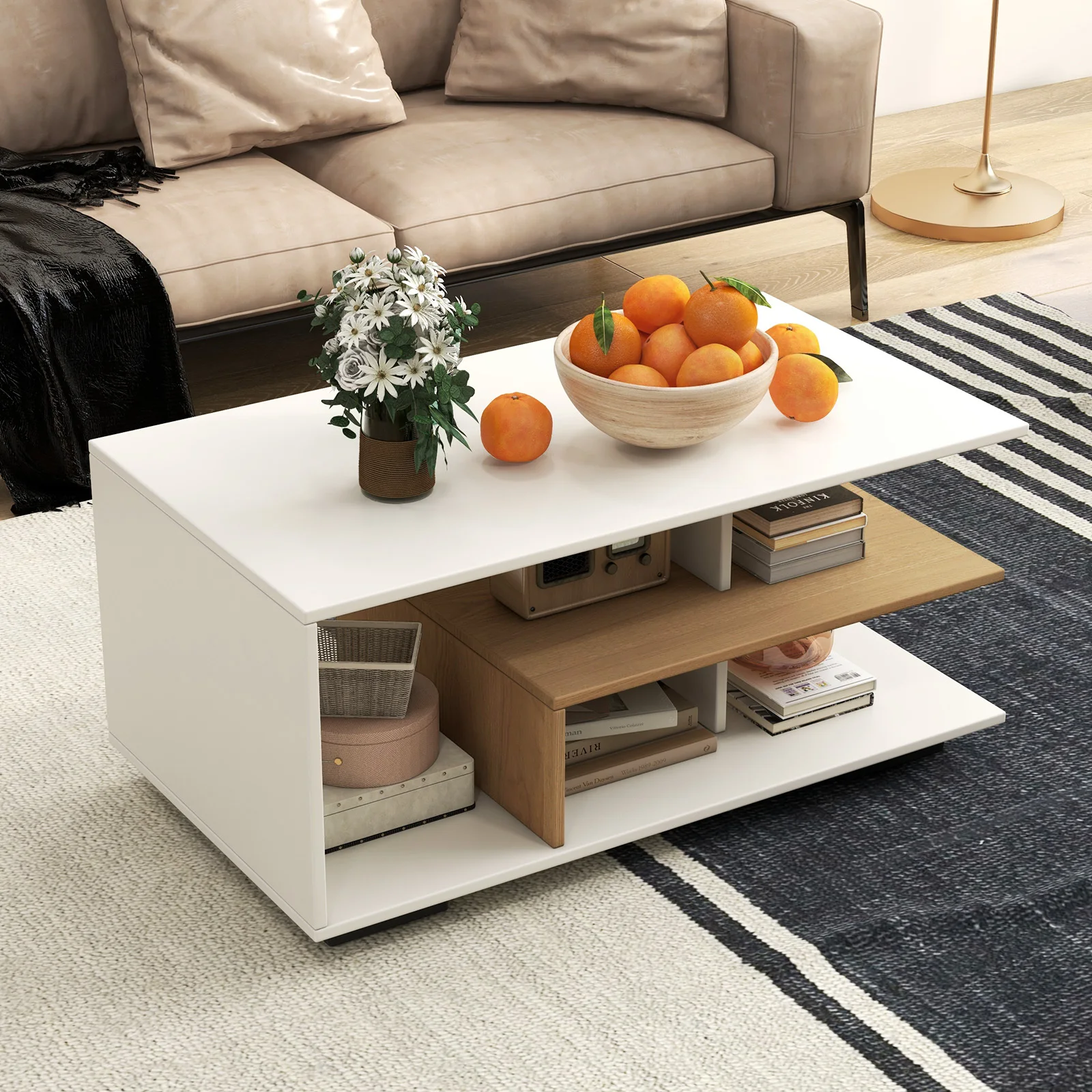3-Tier Modern Center Table with Spacious Tabletop & Storage Shelf, Natural & White Hardwood Construction
3-Tier Modern Center Table with Spacious Tabletop & Storage Shelf, Natural & White Hardwood Construction