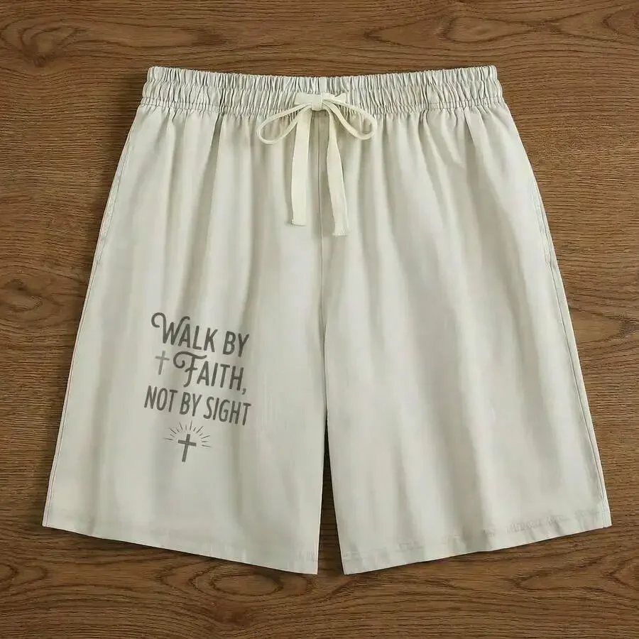 Mens Loose Cotton Drawstring Shorts With Faith Motto Print, Breathable Vintage Washed Summer Casual Pants
Mens Loose Cotton Drawstring Shorts With Faith Motto Print, Breathable Vintage Washed Summer Casual Pants