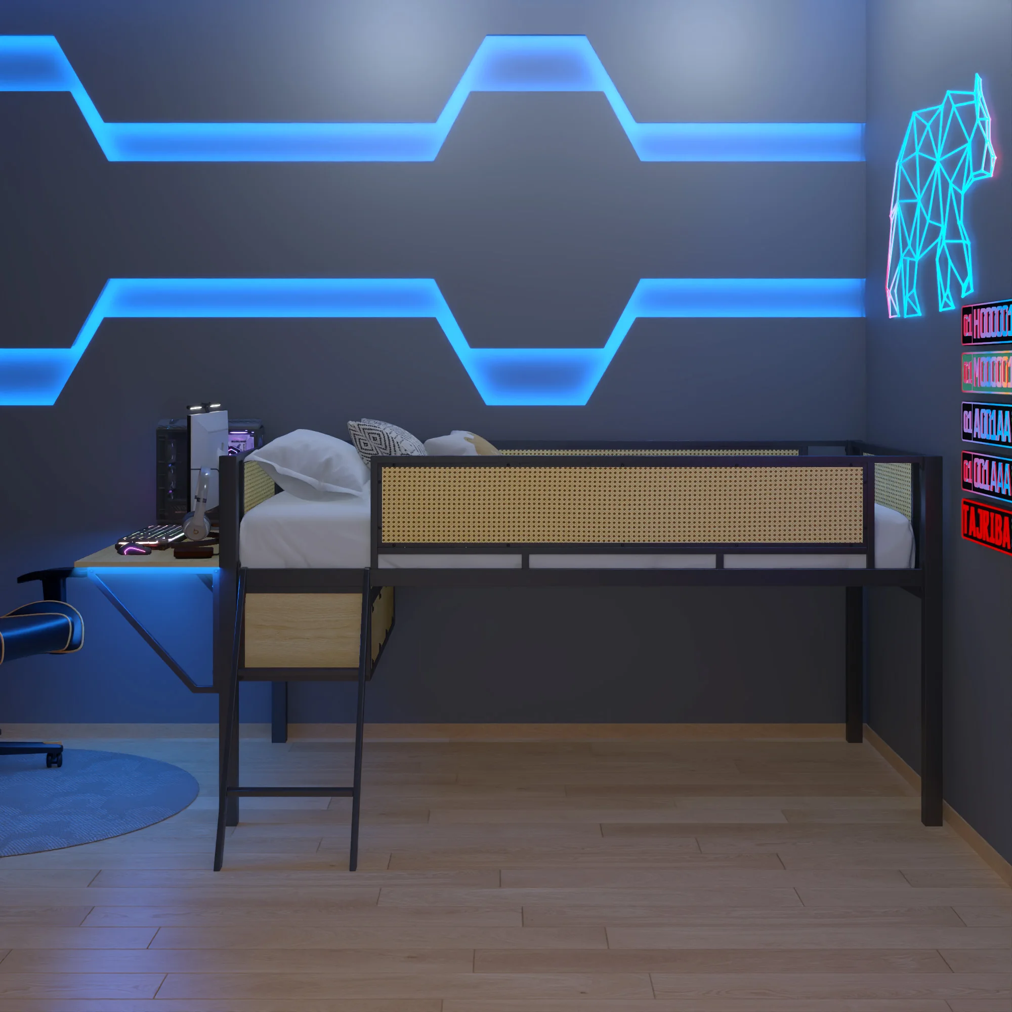 HOT SALESingle Metal Loft Bed with LED Lights Rectangular Desk Storage Compartments Featuring Rattan and Wood Panel Styles
HOT SALESingle Metal Loft Bed with LED Lights Rectangular Desk Storage Compartments Featuring Rattan and Wood Panel Styles