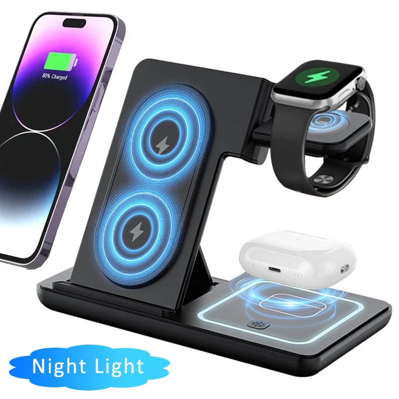 Складная ночная светодиодная подставка для беспроводного зарядного устройства 3 в 1, подставка для iPhone, Samsung, Apple Watch 2-8 SE Airpods Pro, станция быстрой зарядки
Складная ночная светодиодная подставка для беспроводного зарядного устройства 3 в 1, подставка для iPhone, Samsung, Apple Watch 2-8 SE Airpods Pro, станция быстрой зарядки