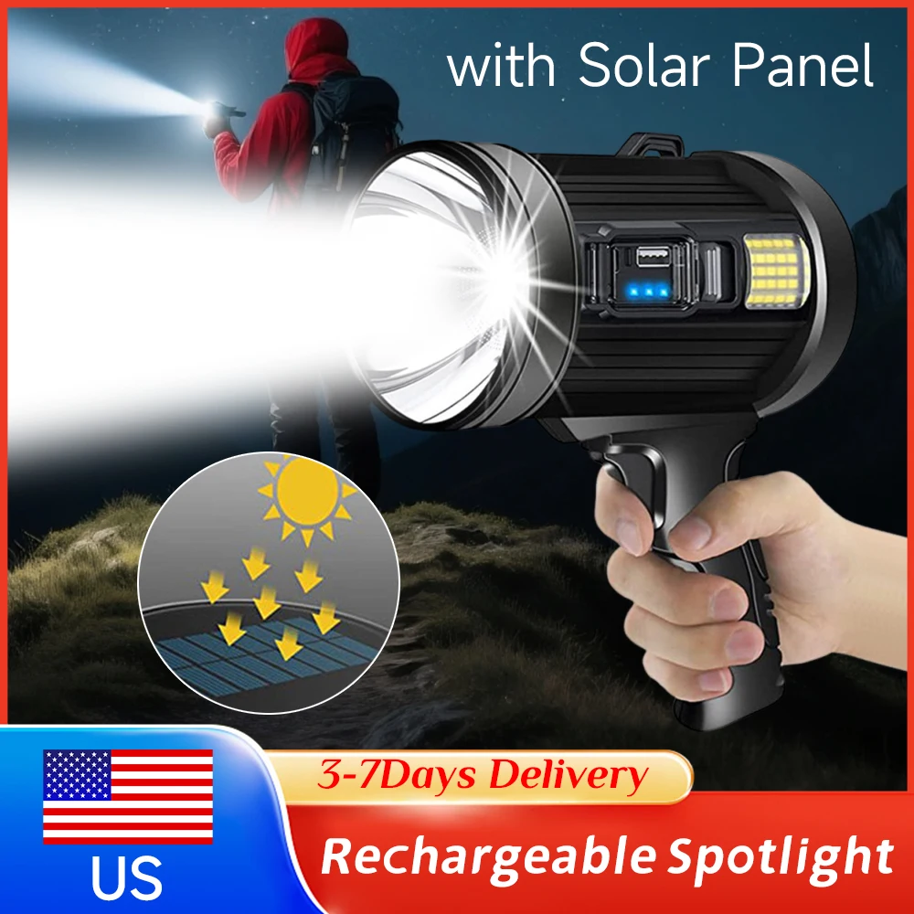 Перезаряжаемый солнечный светодиодный прожектор, ультраяркий ручной фонарь, водонепроницаемый поисковый фонарь для охоты, кемпинга и активного отдыха
Перезаряжаемый солнечный светодиодный прожектор, ультраяркий ручной фонарь, водонепроницаемый поисковый фонарь для охоты, кемпинга и активного отдыха