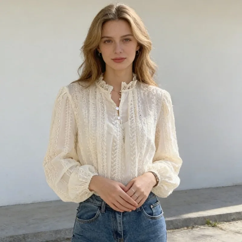 Новая модная женская блузка с длинными рукавами и кружевными вставками, свободного кроя, в корейском стиле, для весны и осени
Новая модная женская блузка с длинными рукавами и кружевными вставками, свободного кроя, в корейском стиле, для весны и осени