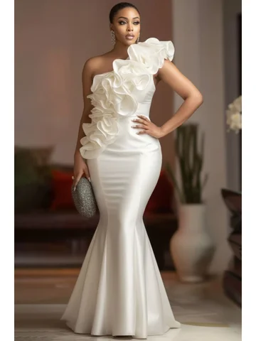 One Shoulder Mermaid Maxi Dress Large 3D Ruffle Slim Fit Flared Train Formal Dress Women Plus Size Wedding Guest Evening Prom