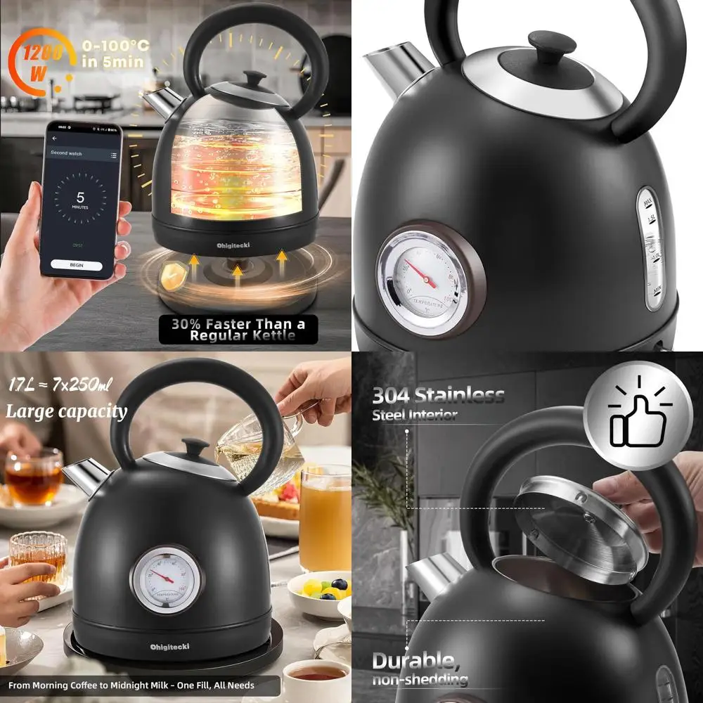 Retro-Style 1.7L Stainless Steel Electric Kettle with Temperature Gauge, Auto Shut-Off, and Boil-Dry Protection for Home and Off
Retro-Style 1.7L Stainless Steel Electric Kettle with Temperature Gauge, Auto Shut-Off, and Boil-Dry Protection for Home and Off