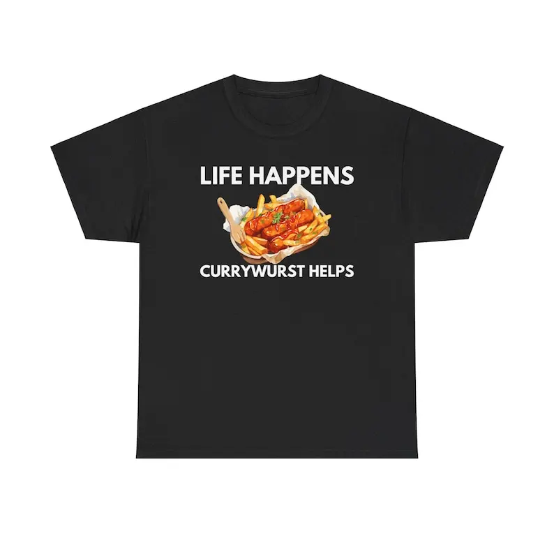 T-shirt for currywurst lovers, food print and funny saying about the cultural German Berlin curry sausage
T-shirt for currywurst lovers, food print and funny saying about the cultural German Berlin curry sausage