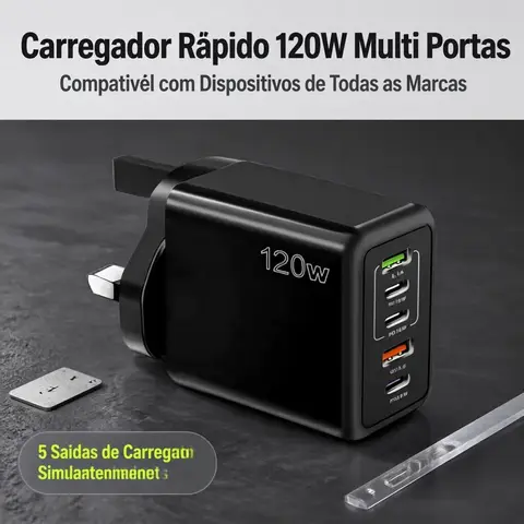 120W wieloportowa ładowarka USB z wtyczką UK, 5-portowy adapter ścienny, blok szybkiego ładowania PD3.0 QC3.0 do iPhone'a, Samsunga, Xiaomi, laptopa