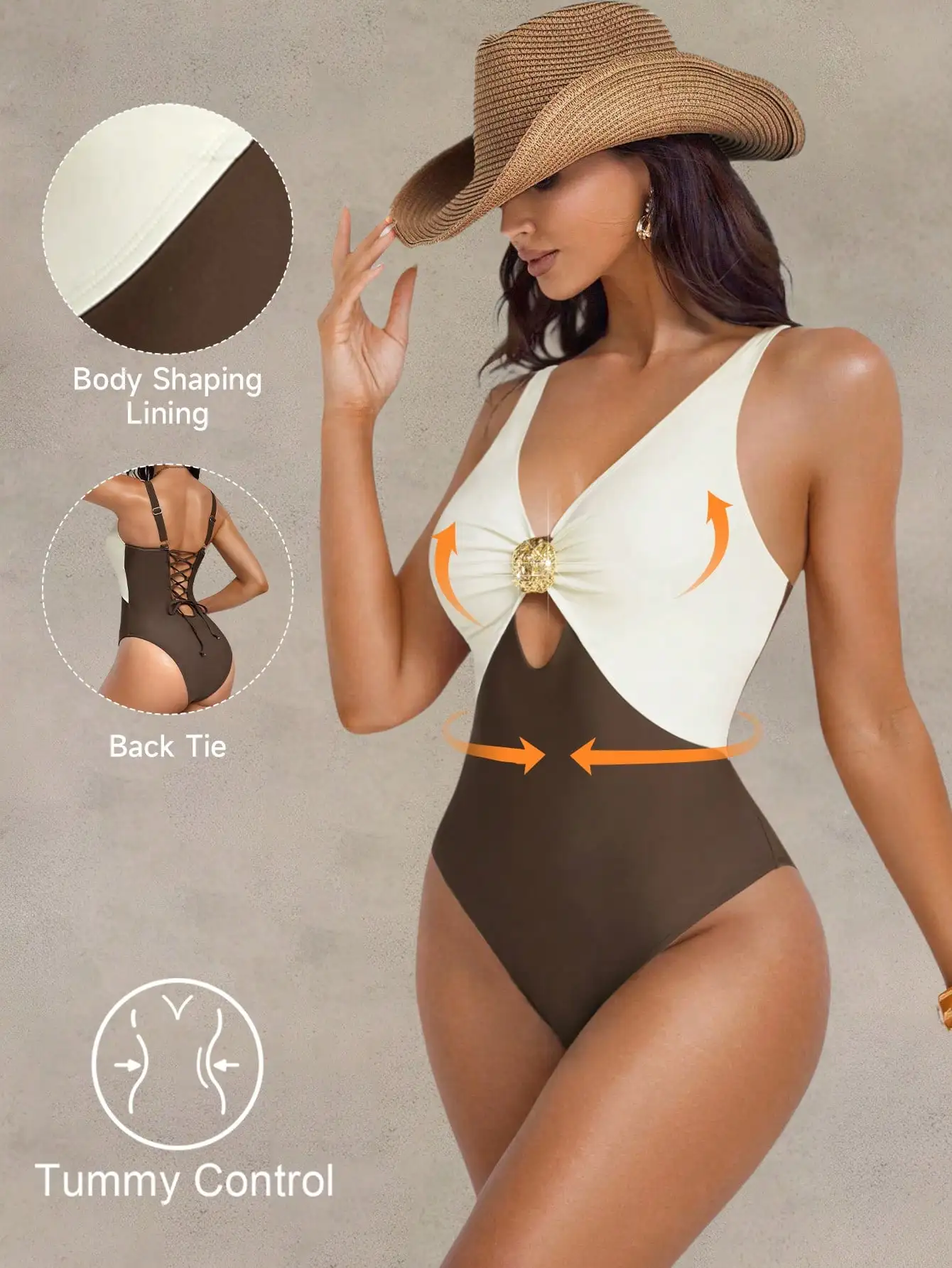 Cream And Chocolate Colorblock One-Piece Swimsuit Featuring Waist-Tie Detail, Tummy Control, And Back Lace-Up Design
Cream And Chocolate Colorblock One-Piece Swimsuit Featuring Waist-Tie Detail, Tummy Control, And Back Lace-Up Design