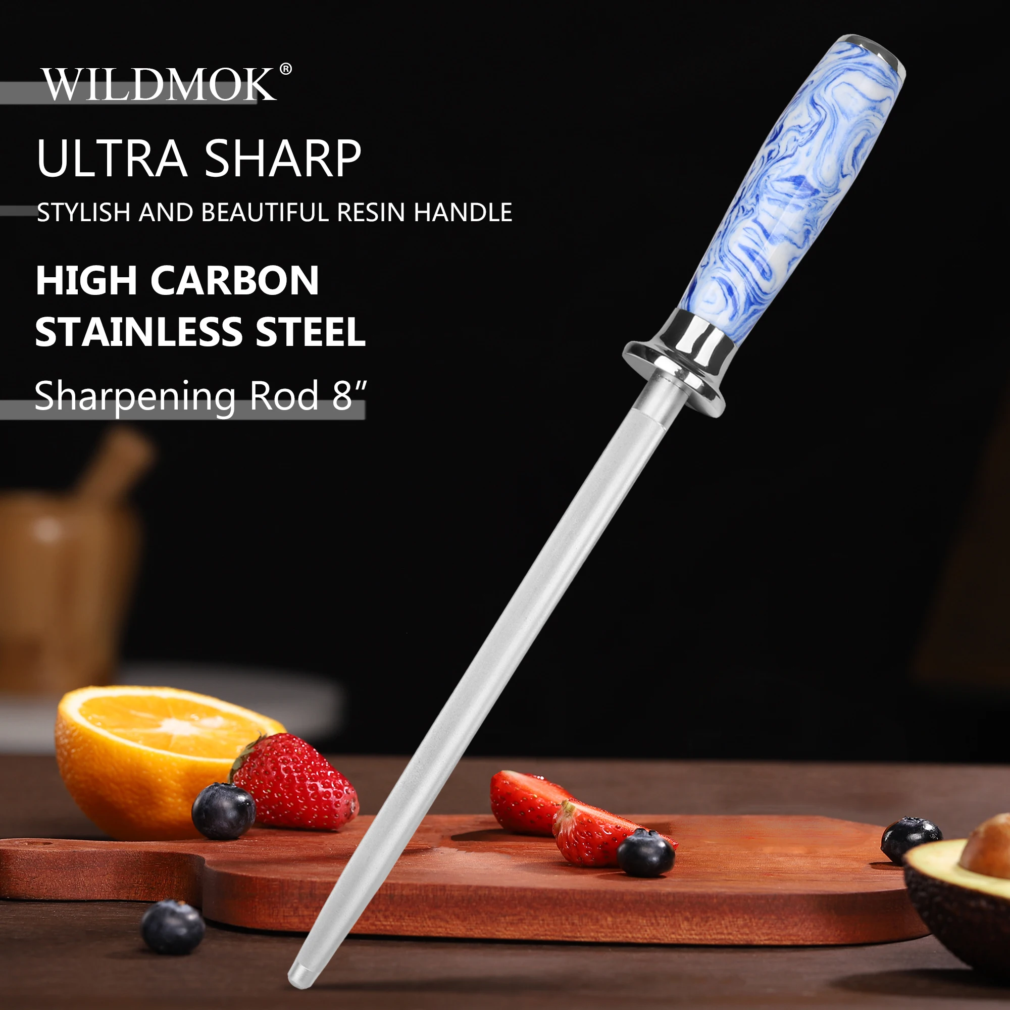 WILDMOK Профессиональный высококачественный точильный стержень 8 дюймов с сине-белой керамической ручкой из смолы
WILDMOK Профессиональный высококачественный точильный стержень 8 дюймов с сине-белой керамической ручкой из смолы