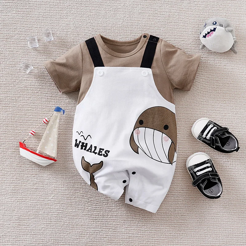Cartoon whale pattern print 100% Cotton Summer new overalls design Round Neck Comfortable Brown short sleeved baby jumpsuit
Cartoon whale pattern print 100% Cotton Summer new overalls design Round Neck Comfortable Brown short sleeved baby jumpsuit