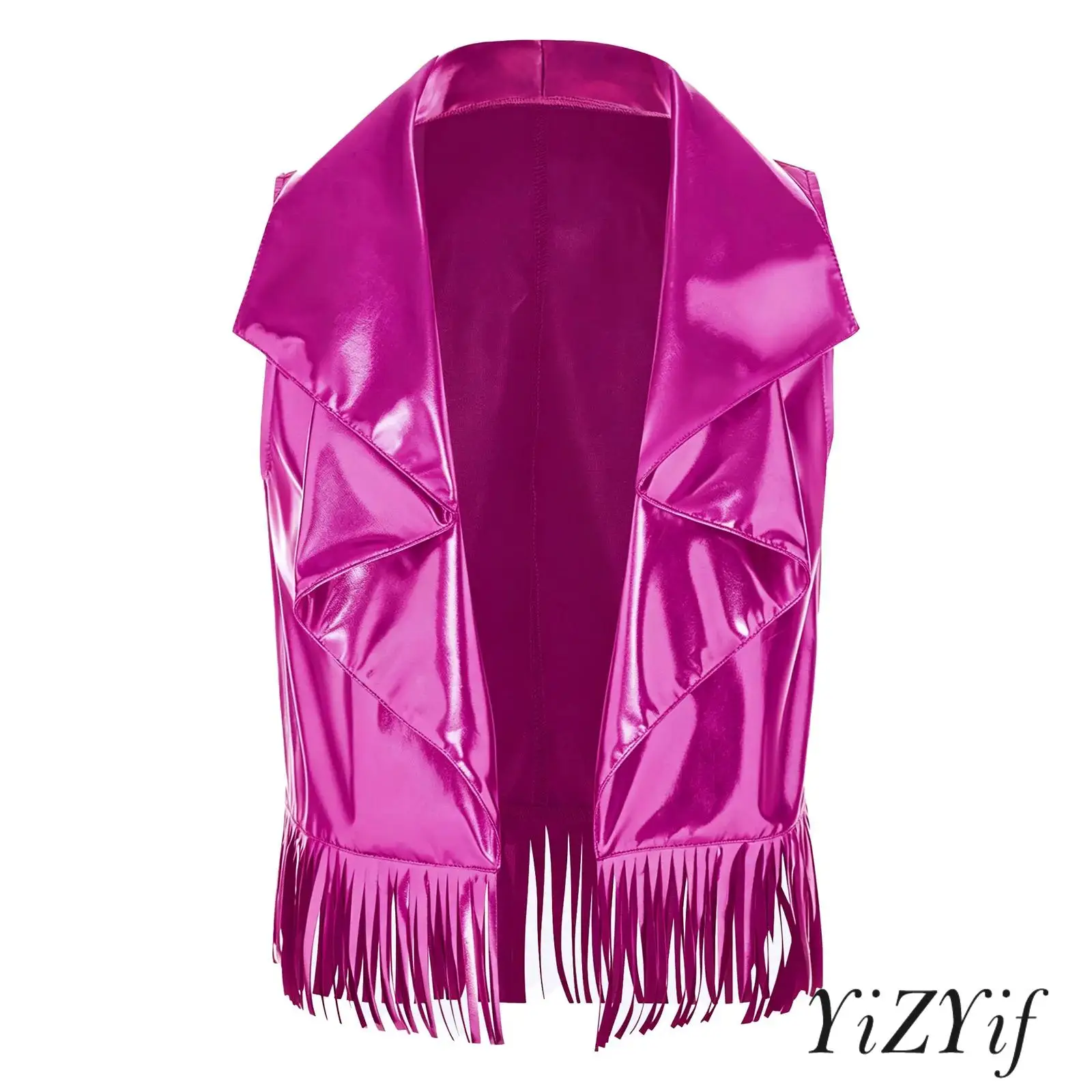 Kids Girls Metallic Shiny Vest Lapel Waterfall Collar Open Front Sleeveless Bottom Tassel Trim Tank Top for Jazz Disco Dance
Kids Girls Metallic Shiny Vest Lapel Waterfall Collar Open Front Sleeveless Bottom Tassel Trim Tank Top for Jazz Disco Dance