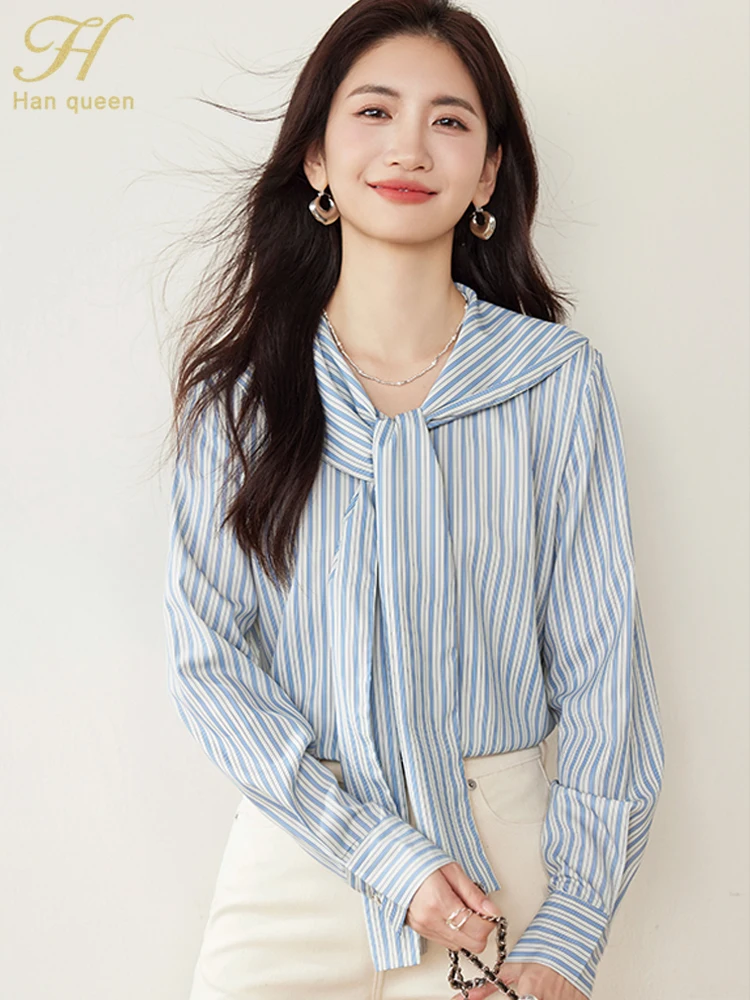 H Han Queen Autum Woman Clothing Basic Office Long Sleeve Vintage Tops Elegant Stripes Chiffon Women Blouses Loose Casual Shirts
H Han Queen Autum Woman Clothing Basic Office Long Sleeve Vintage Tops Elegant Stripes Chiffon Women Blouses Loose Casual Shirts