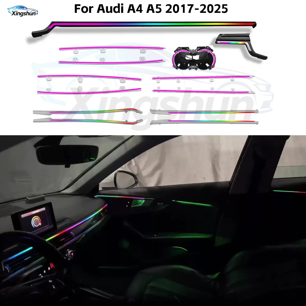 64-цветная динамическая атмосферная подсветка для Audi A4 A5 S5 B9 2017-2025: Аксессуары для модернизации светодиодного освещения салона автомобиля
64-цветная динамическая атмосферная подсветка для Audi A4 A5 S5 B9 2017-2025: Аксессуары для модернизации светодиодного освещения салона автомобиля