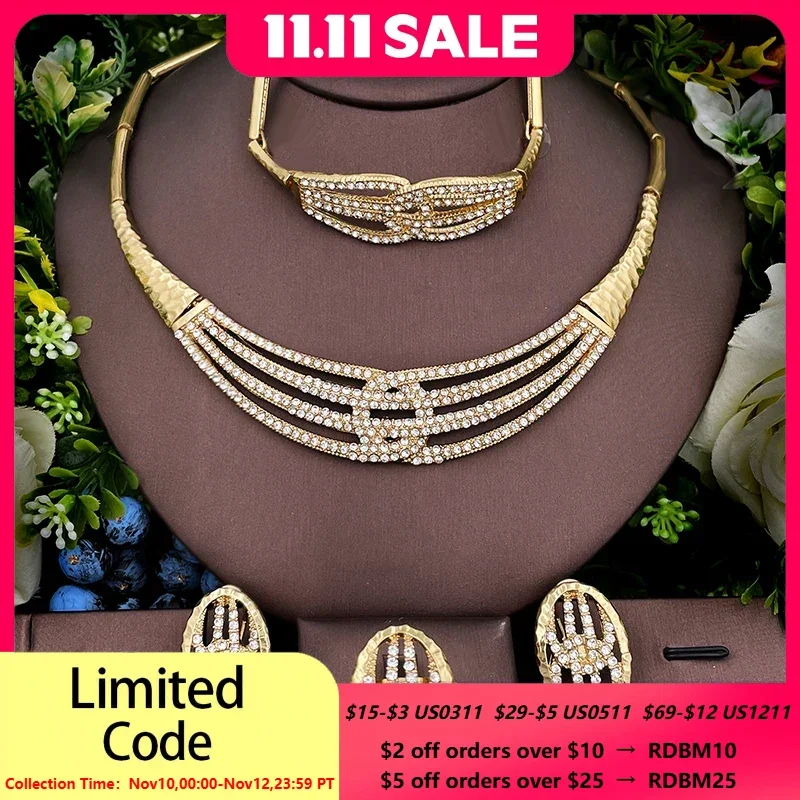 Luxury Wedding Jewelry Set Shiny Zircon Necklace Bracelet Earring Ring Set Dubai Nigeria Gold Color Jewellery Gift 2025 New
Luxury Wedding Jewelry Set Shiny Zircon Necklace Bracelet Earring Ring Set Dubai Nigeria Gold Color Jewellery Gift 2025 New