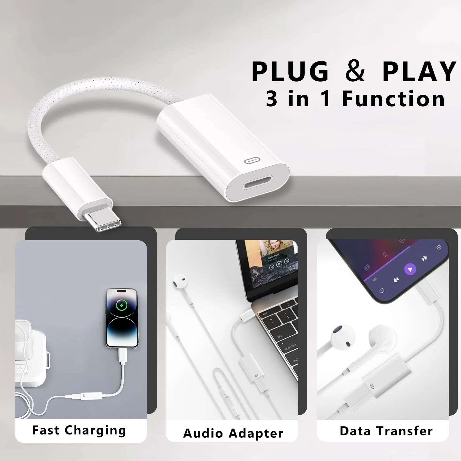 USB-C to Lightning-Compatible 3-in-1 Adapter 15V3A Fast Charging + No OTG Data Transfer + Earphone Converter for iOS Phone 16/15
USB-C to Lightning-Compatible 3-in-1 Adapter 15V3A Fast Charging + No OTG Data Transfer + Earphone Converter for iOS Phone 16/15