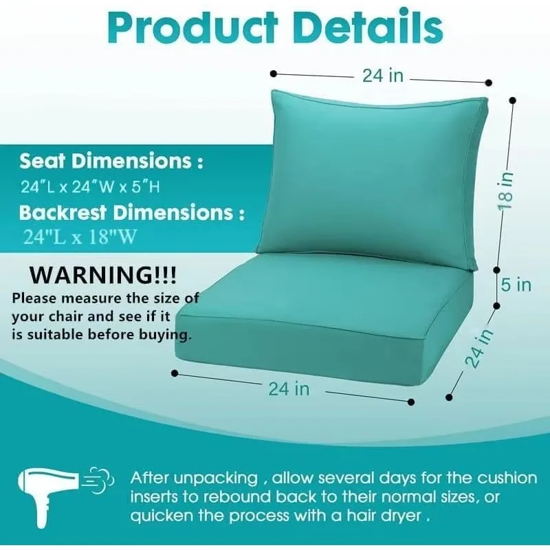 Outdoor Deep Seating Cushion Set, 24" x 24", Waterproof & Fade Resistant Patio Furniture Cushions with Handle, Deep Seat
Outdoor Deep Seating Cushion Set, 24" x 24", Waterproof & Fade Resistant Patio Furniture Cushions with Handle, Deep Seat