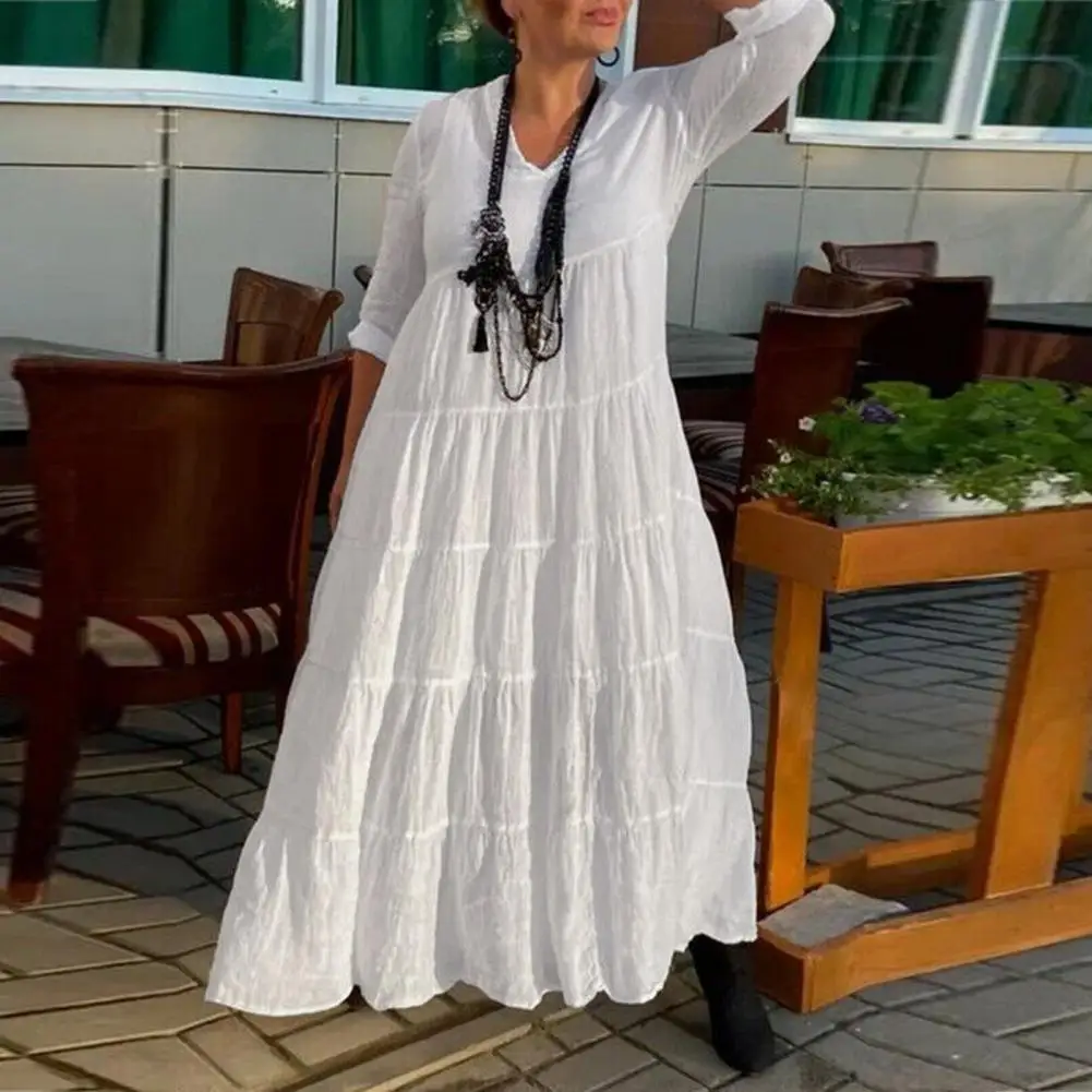 Loose Cut Dress Elegant V-neck Maxi Dress with Ruffle Stitching Pleated Hem Women's Long Sleeve Solid Color Summer Vacation
Loose Cut Dress Elegant V-neck Maxi Dress with Ruffle Stitching Pleated Hem Women's Long Sleeve Solid Color Summer Vacation