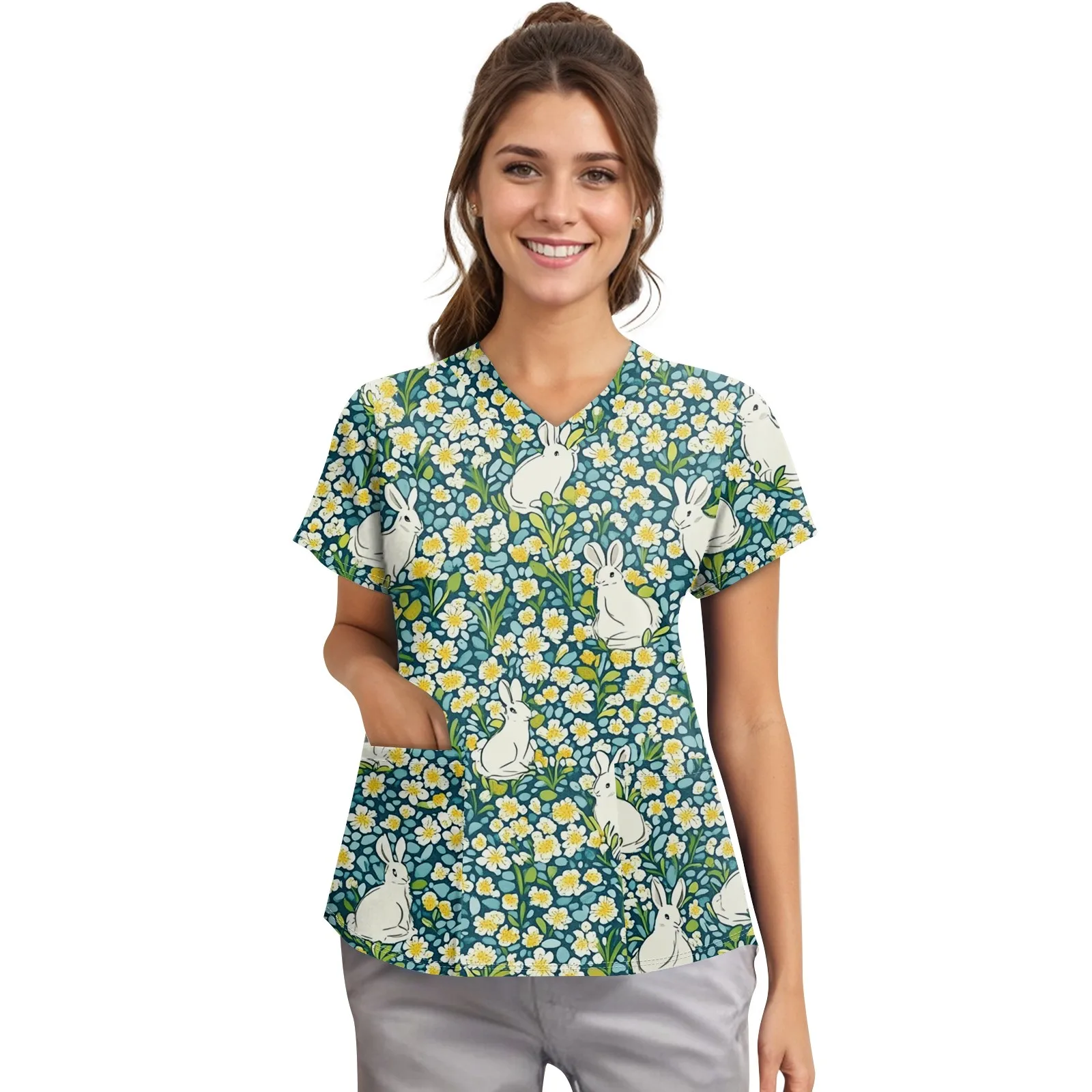Ladies' Basics Spring Theme V-neck Short Sleeve Pullover T-shirt With Pockets Rabbit Foral Printed Comfy Tops
Ladies' Basics Spring Theme V-neck Short Sleeve Pullover T-shirt With Pockets Rabbit Foral Printed Comfy Tops