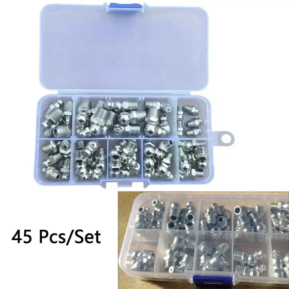 Комплект насадок для смазки M6/M8/M10, 45 шт./кор., прямая/45/90 градусов масляная насадка для обслуживания автомобиля, аксессуары для смазочного пистолета
Комплект насадок для смазки M6/M8/M10, 45 шт./кор., прямая/45/90 градусов масляная насадка для обслуживания автомобиля, аксессуары для смазочного пистолета