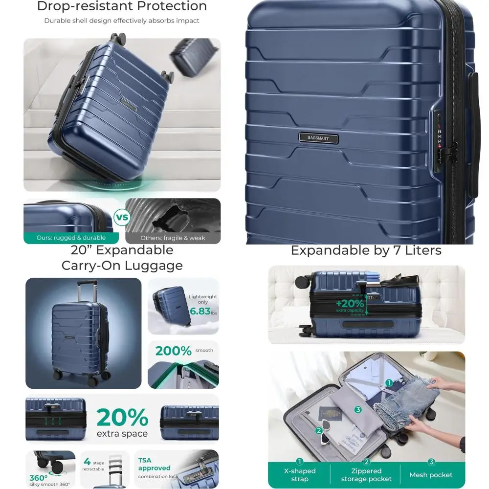 20 Lightweight Expandable Hard Shell Spinner Carry-On Suitcase, TSA Lock, Airline Approved, Dark Blue
20 Lightweight Expandable Hard Shell Spinner Carry-On Suitcase, TSA Lock, Airline Approved, Dark Blue