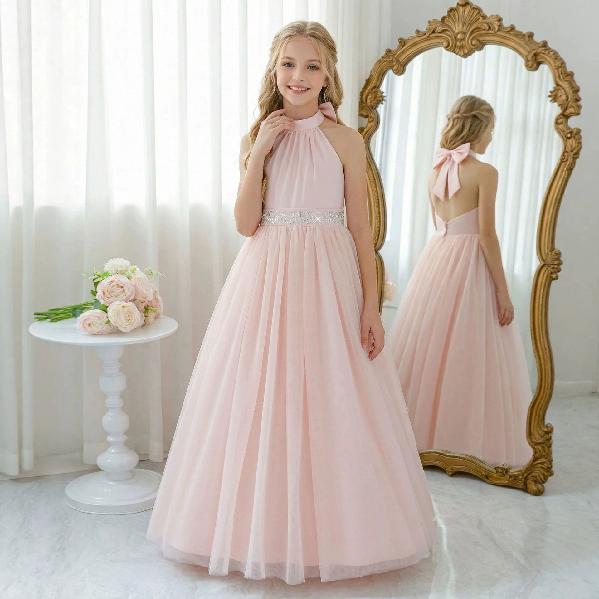 Pink Bow Girls Dress Diamond Belt Mesh Princess Dress Elegant Long Children Evening Dress 2026 New
Pink Bow Girls Dress Diamond Belt Mesh Princess Dress Elegant Long Children Evening Dress 2026 New