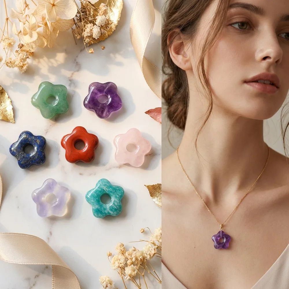 Natural Stone Flower Shape Pendant, Mixed Gemstone Donut Charm for Necklace
Natural Stone Flower Shape Pendant, Mixed Gemstone Donut Charm for Necklace