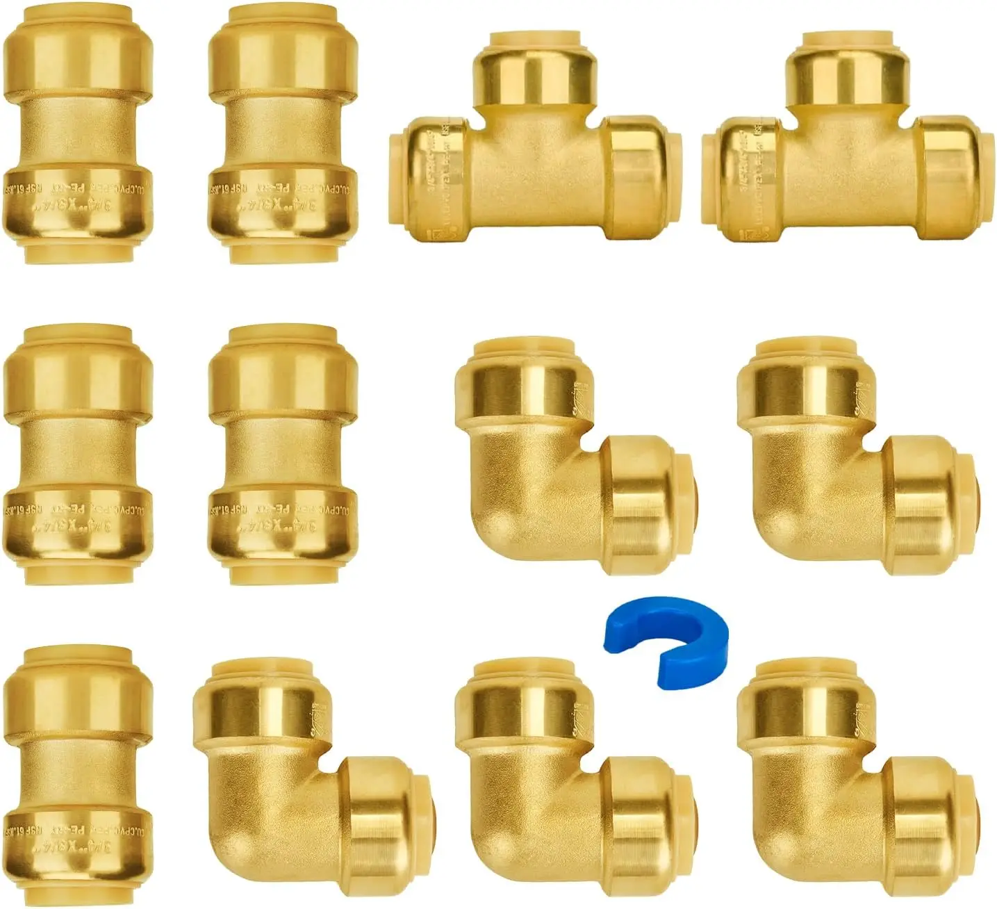Push-to-Connect Fittings 3/4 Inch, 5 Coupling, 5 Elbow, 2 Tee, Brass for PEX Copper CPVC Pipe, Pack of 12
Push-to-Connect Fittings 3/4 Inch, 5 Coupling, 5 Elbow, 2 Tee, Brass for PEX Copper CPVC Pipe, Pack of 12