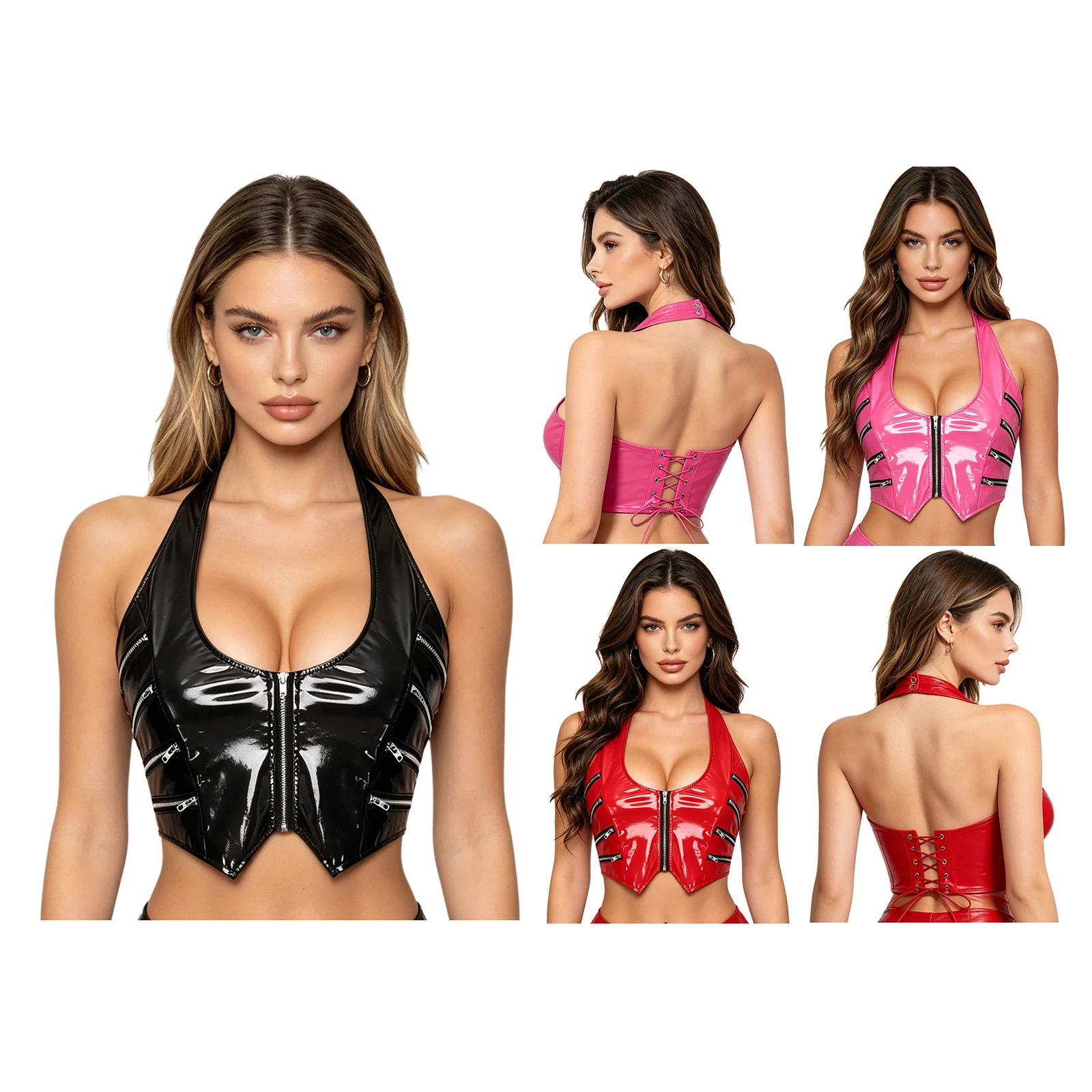 Womens PU Leather Halter Neck Crop Top Wet Look Front Zipper Back Lace-up V Neck Tank Top Y2K Corset Club Party Vest Blouse
Womens PU Leather Halter Neck Crop Top Wet Look Front Zipper Back Lace-up V Neck Tank Top Y2K Corset Club Party Vest Blouse